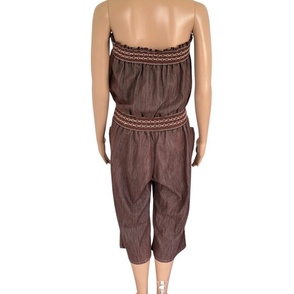 Y2K Strapless Denim Jumpsuit Smocked Wide Leg Boho Capri L Cowgirl Brown Hippie - Picture 5 of 14
